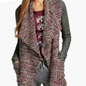 Lucky Brand Size L Open Front Waterfall Cardigan Burgundy Gray Pockets